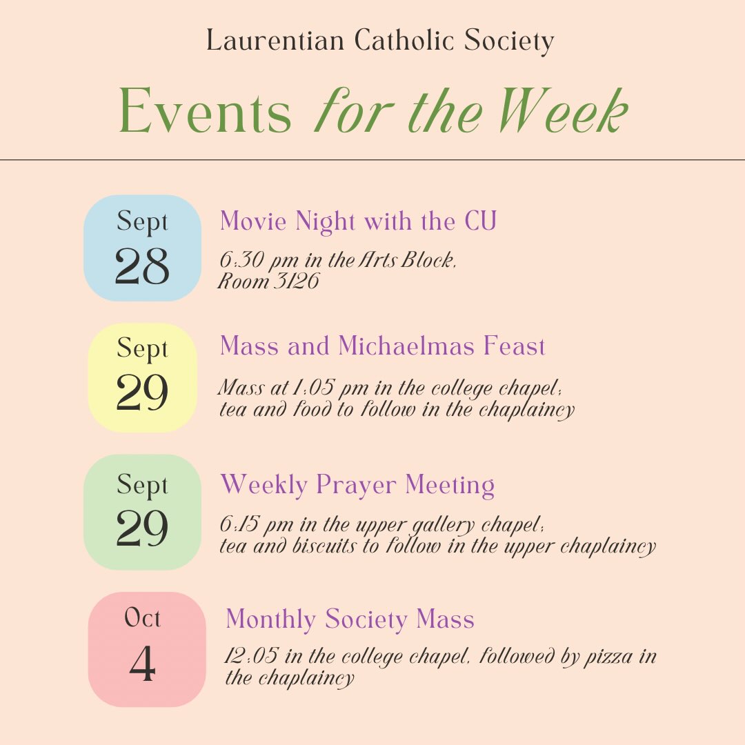 Poster for Laurentian Catholic Society Events for the Week